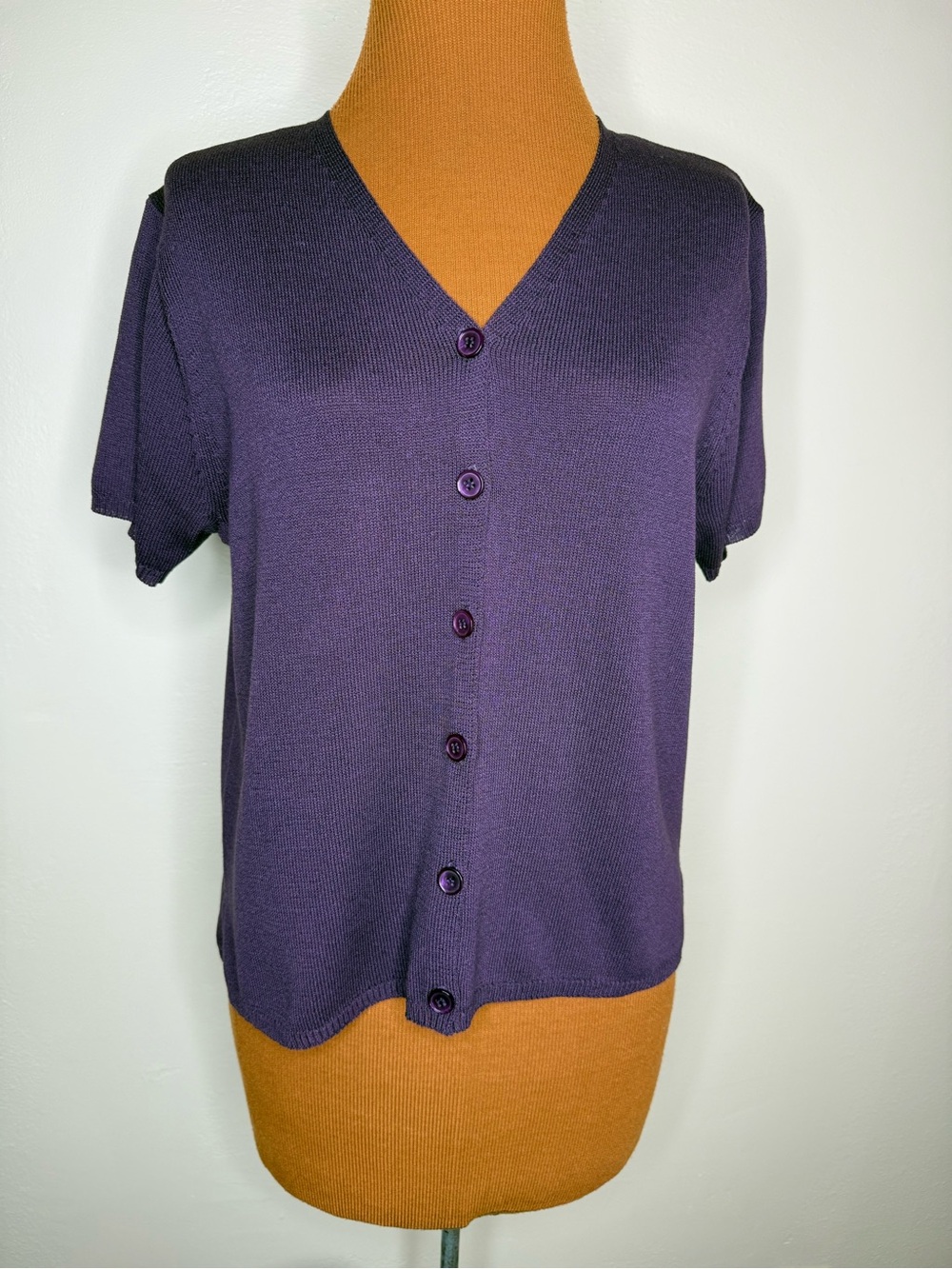 Norton McNaughton Deep Purple Short Sleeve Button-Front Cardigan Sweater Small